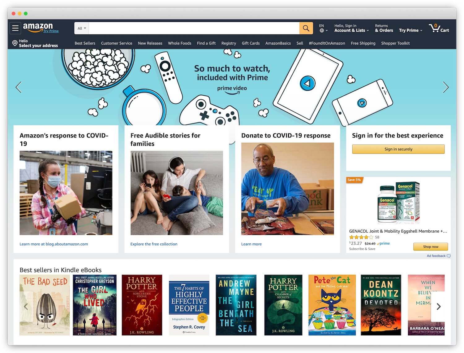 Amazon homepage showing only books