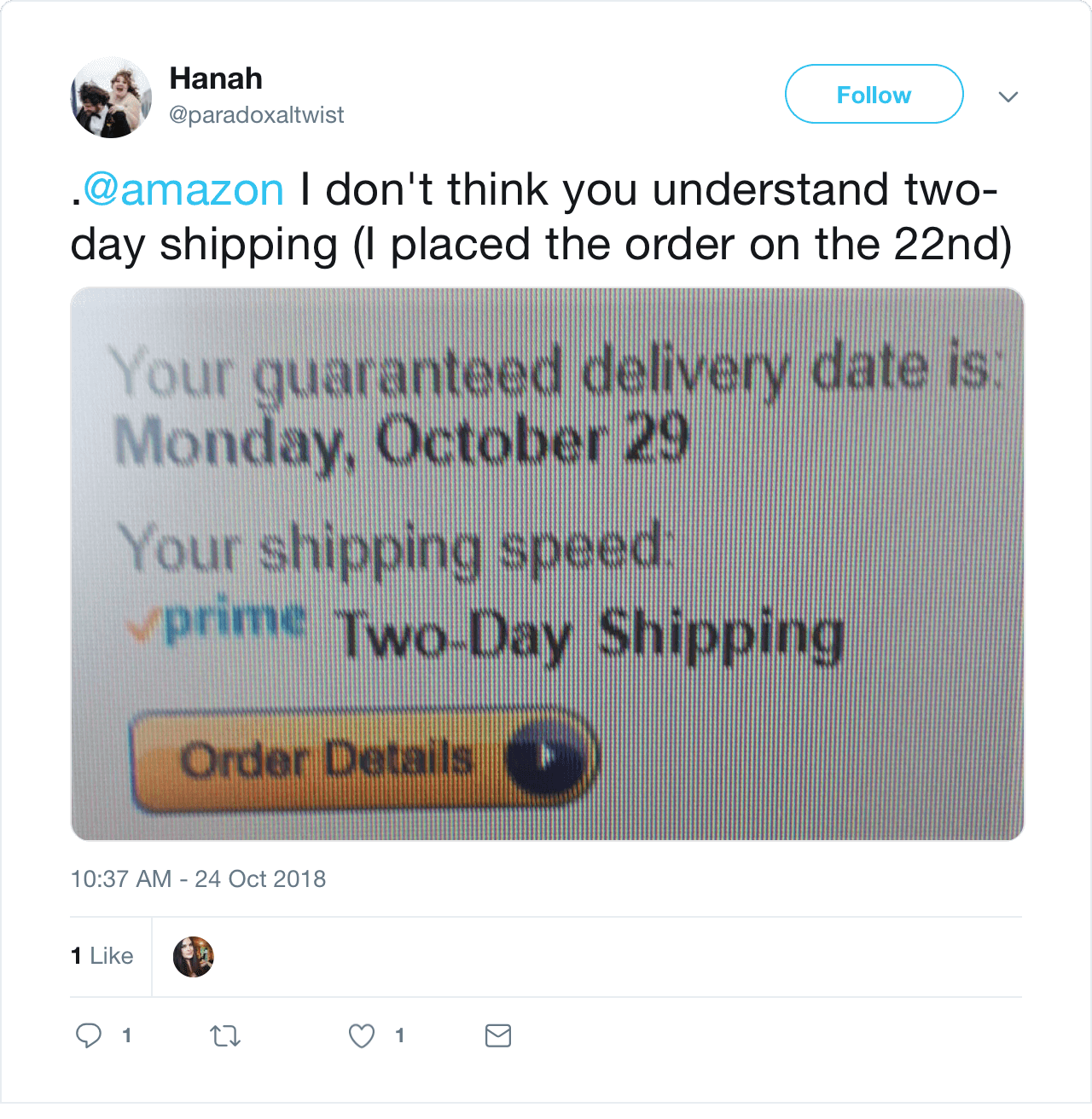 Tweet about Amazon Prime two-day shipping