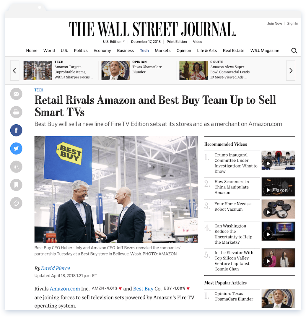 Retail Rivals Amazon and Best Buy Team Up to Sell Smart TVs - WSJ