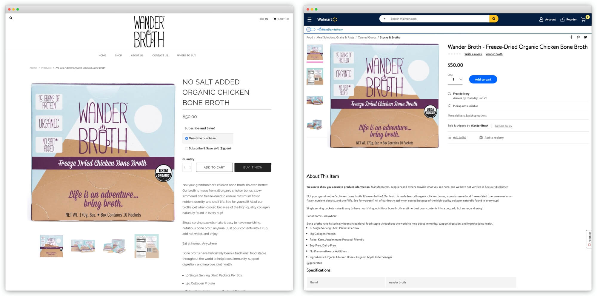 Shopify vs Walmart Wander Broth brand