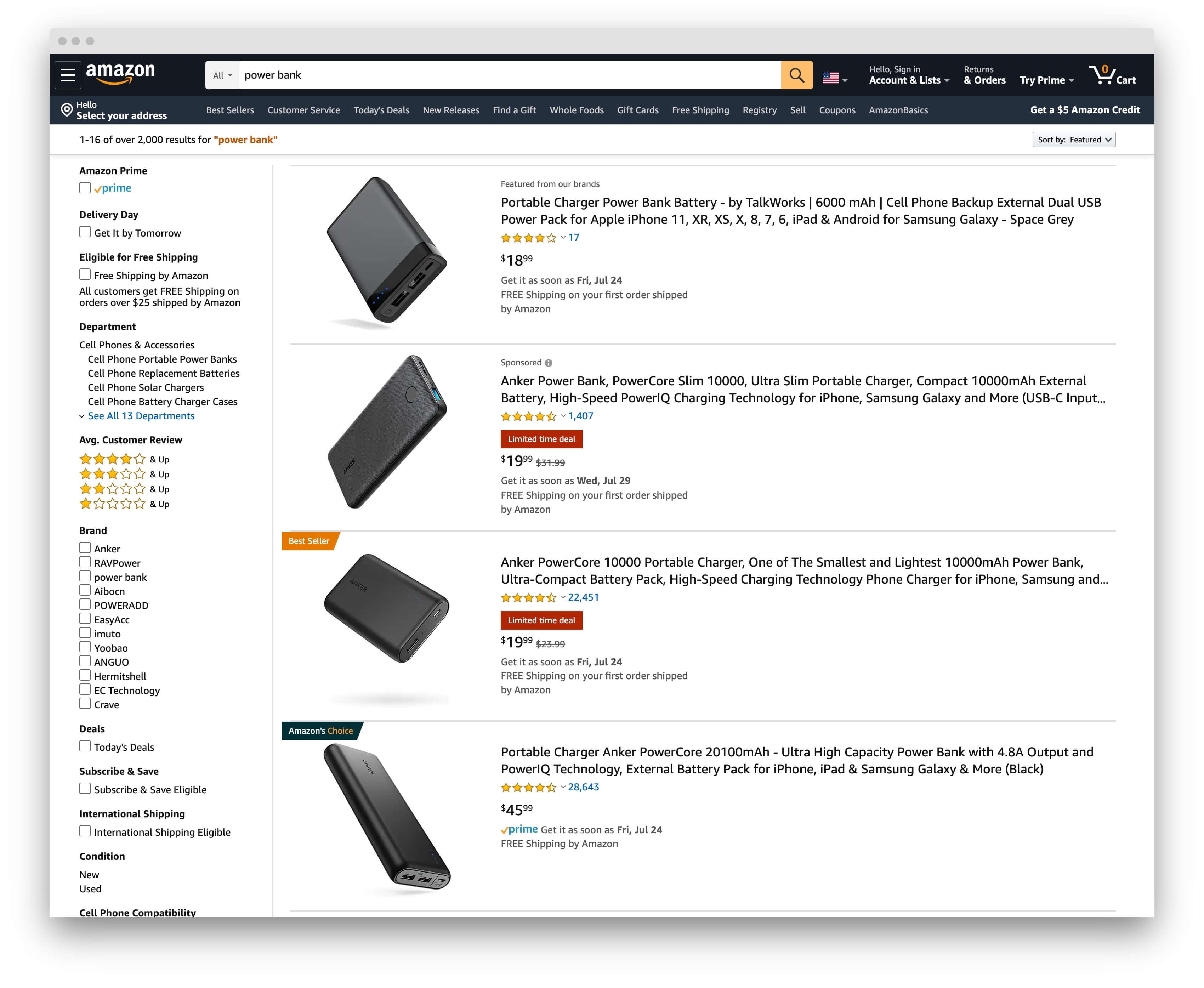 Amazon search for 'power bank'