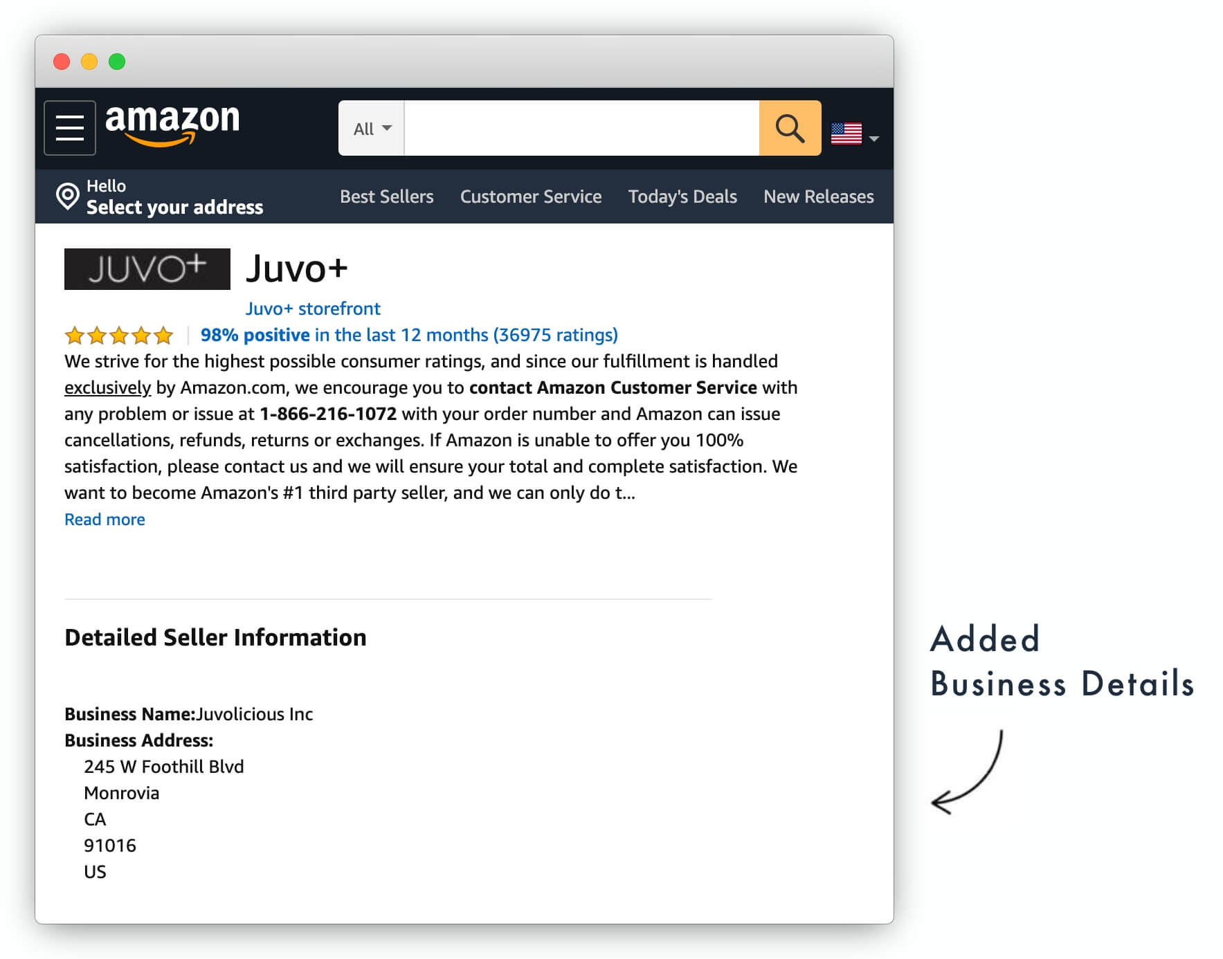 Amazon Seller Profile with Business Name and Address