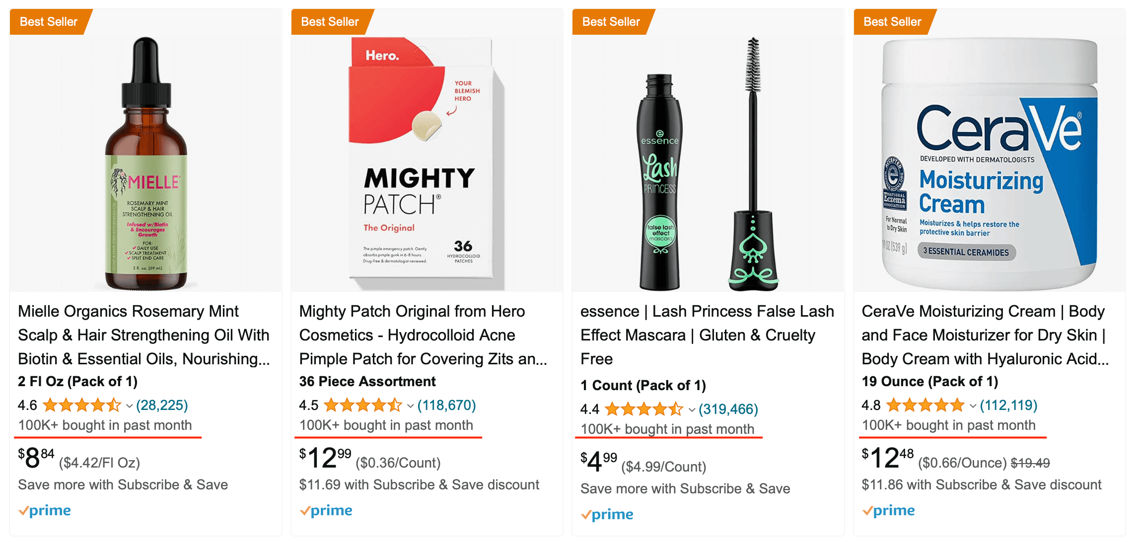 Amazon search results with '100K+ bought in past month' label
