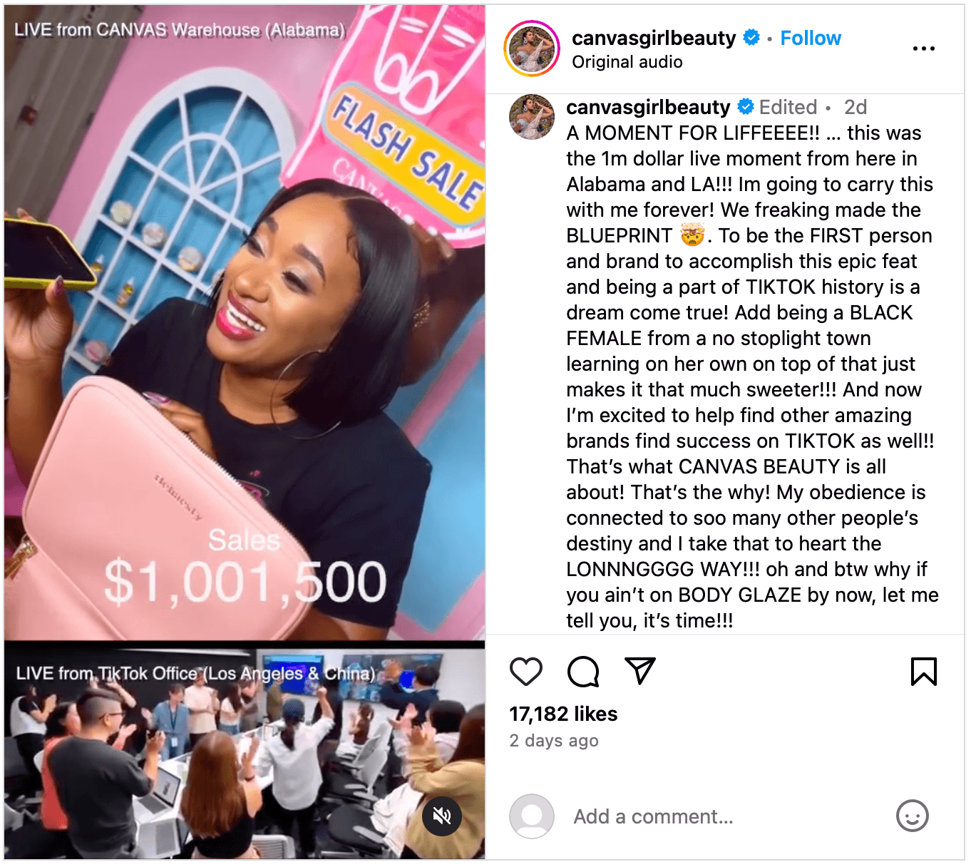 @canvasgirlbeauty on Instagram sharing TikTok Shop live $1 million record