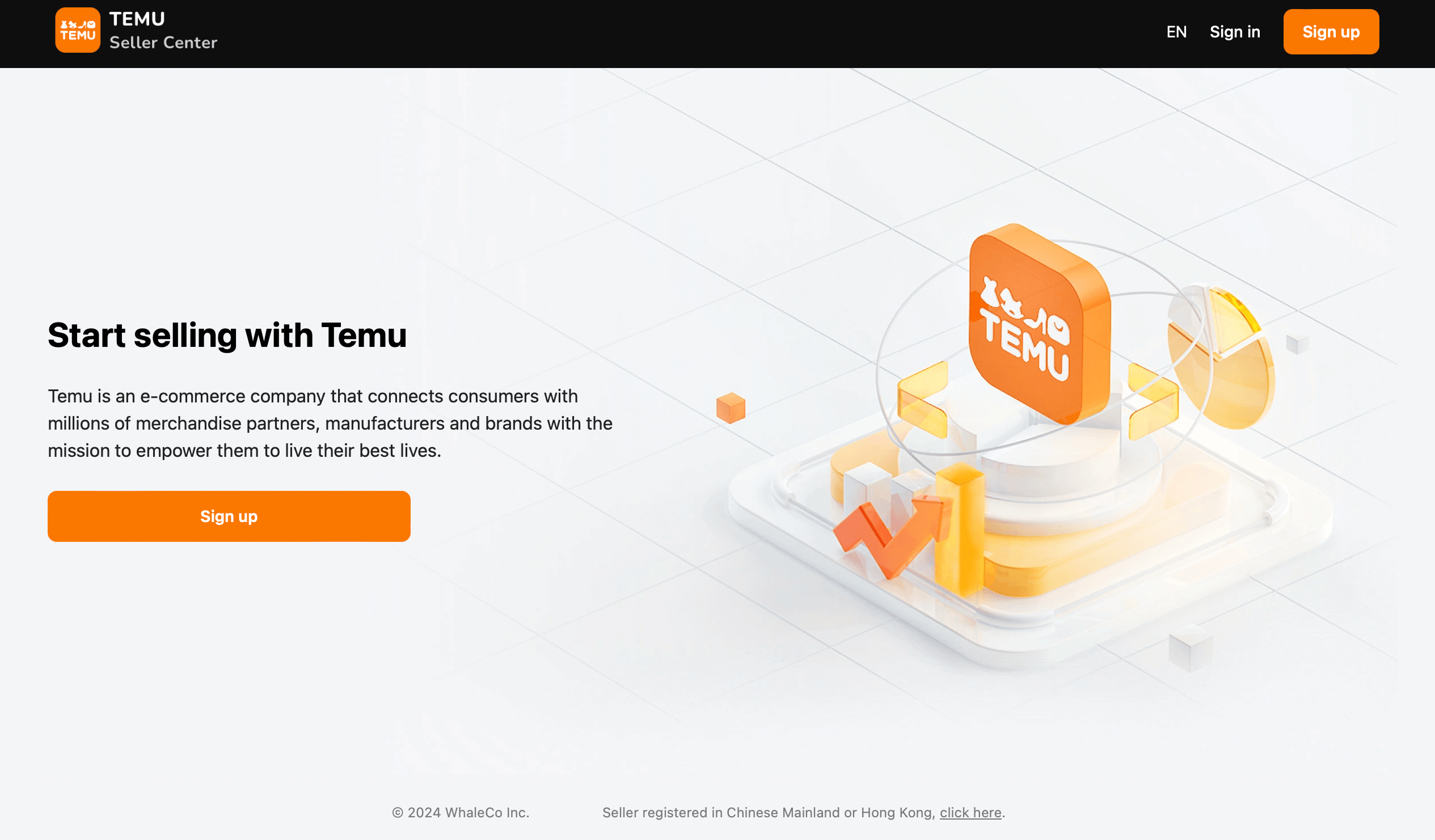 Temu Seller Center welcome page