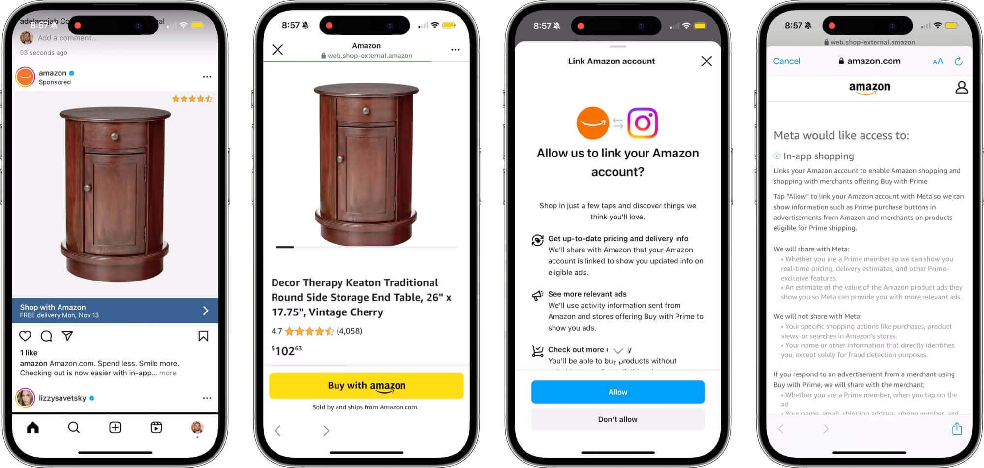 Amazon in-app checkout on Facebook and Instagram